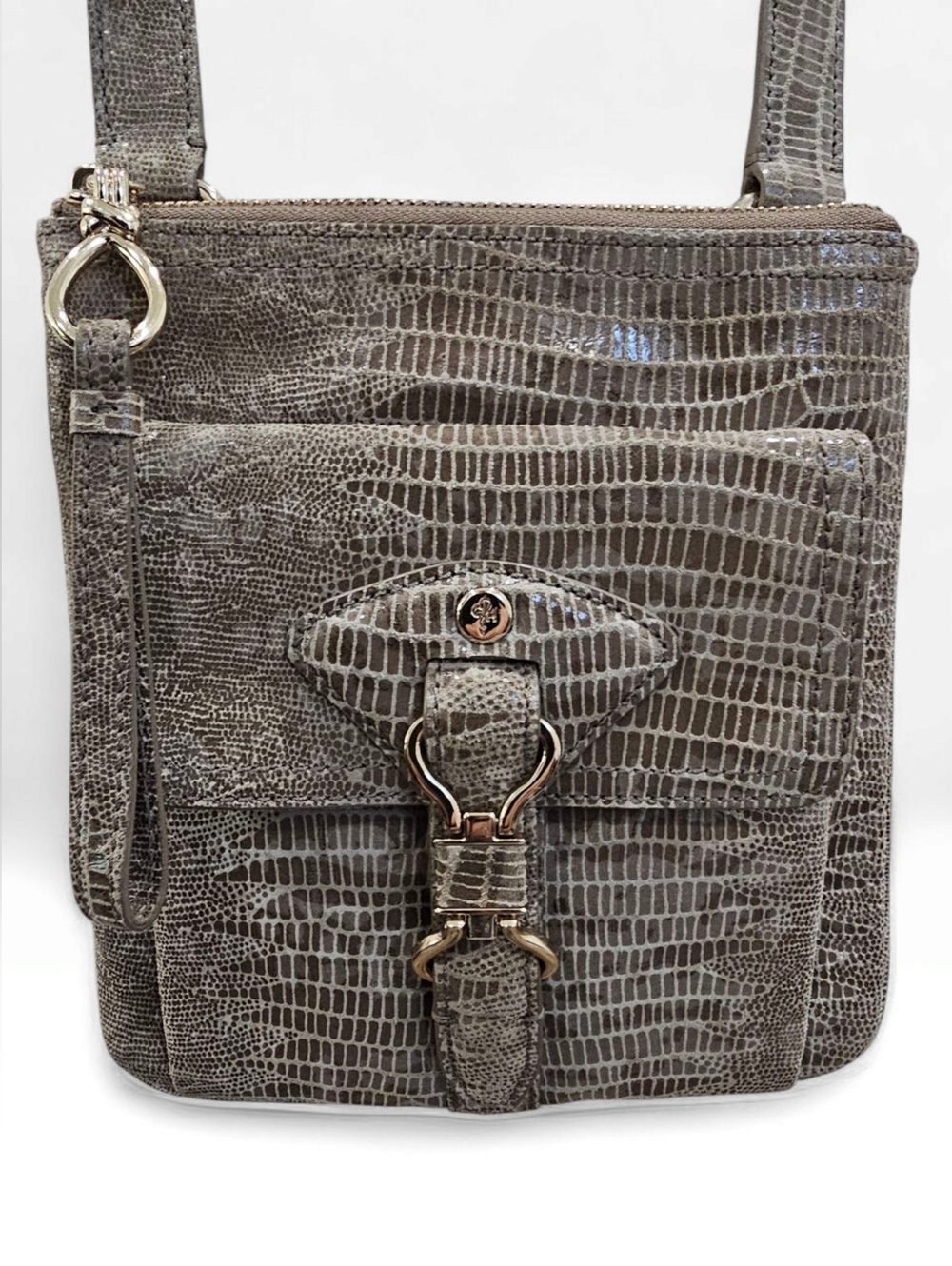 COLE HAAN Taupe Coated Reptile Print Leather Crossbody Bag